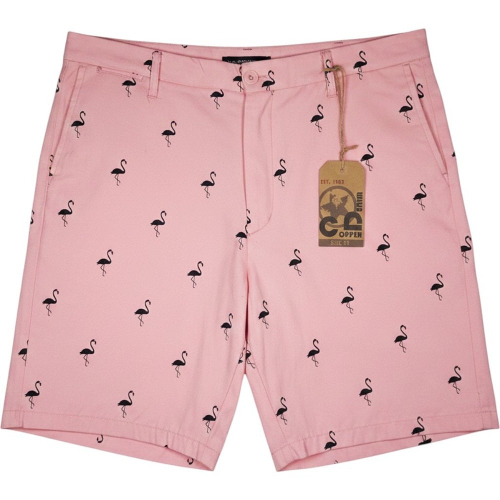 Copper Denim Flamingo Print Shorts Mens 38 Pink Navy CD16055RS Flat Front